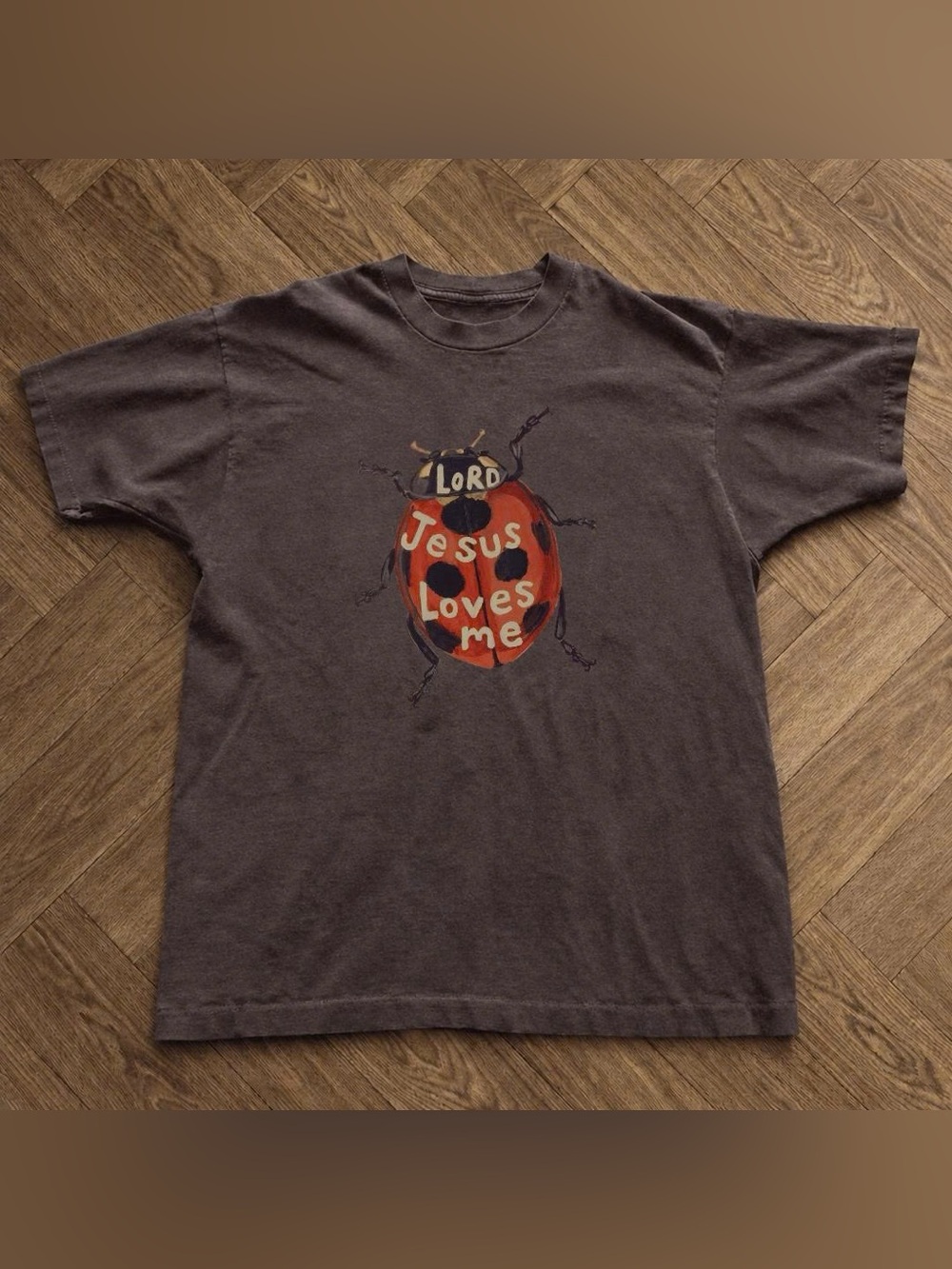 Short Sleeve Tee - Brown 'Jesus Loves Me' Ladybug Graphic
